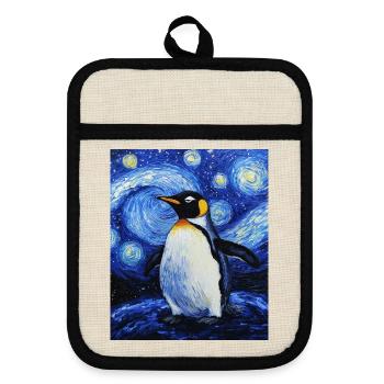 Penguin Bird Van Gogh Style Starry Night - Pot holders with rubber back - linen/black  - Front