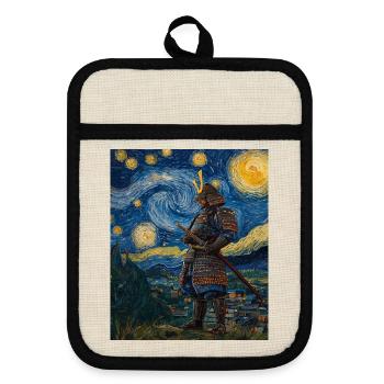 Samurai Japan Van Gogh Style Starry Night - Pot holders with rubber back - linen/black  - Front
