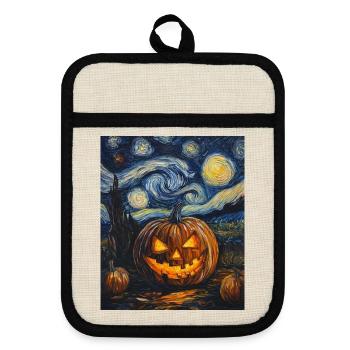 Pumpkin Halloween Van Gogh Style Starry Night - Pot holders with rubber back - linen/black  - Front