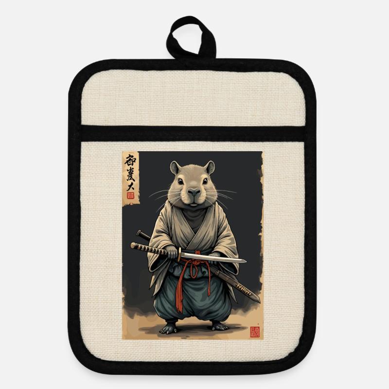 Cappibara Samurai with Katana - Pot holders with rubber back - linen/black 