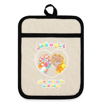 Just a Girl: Love for cats and dogs - Pot holders with rubber back - linen/black  - Front