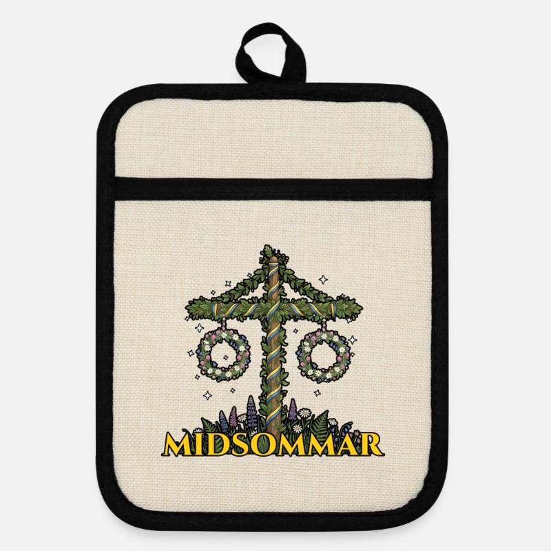 Litha Pagan Summer Solstice Midsummer Midsommar - Pot holders with rubber back - linen/black 
