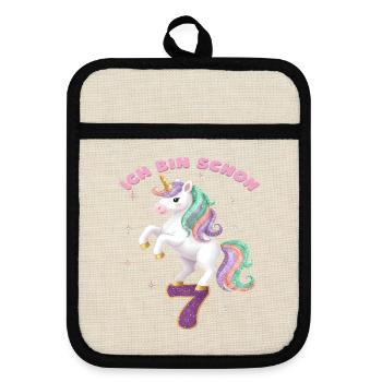 7. Geburtstag Einhorn Mädchen Ich bin schon 7 - Topflappen mit Gummirückseite - Leinen/Schwarz  - Vorne