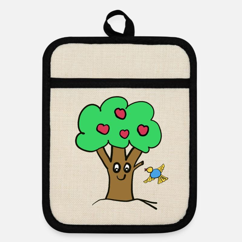 Apple Tree Tree Nature Bird - Pot holders with rubber back - linen/black 