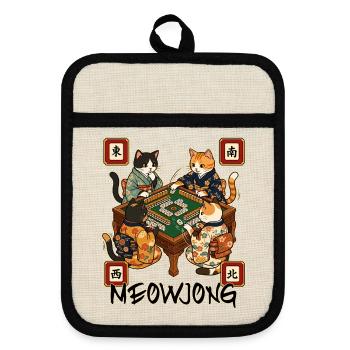 Meowjong Cute Cat Mahjong Game Social Club - Pot holders with rubber back - linen/black  - Front
