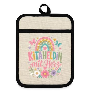  Kitaheldin Mit Herz Regenbogen Erzieherin Design - Topflappen mit Gummirückseite - Leinen/Schwarz  - Vorne