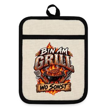 Bin am Grill – Wo sonst? BBQ Grillmeister Spruch - Topflappen mit Gummirückseite - Leinen/Schwarz  - Vorne