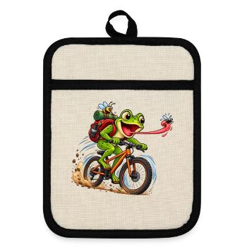 Funny Frog Riding Bicycle Cartoon - Topflappen mit Gummirückseite - Leinen/Schwarz  - Vorne
