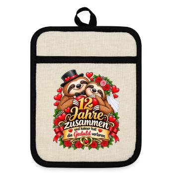 12. Hochzeitstag Geschenkidee Seidenhochzeit - Topflappen mit Gummirückseite - Leinen/Schwarz  - Vorne