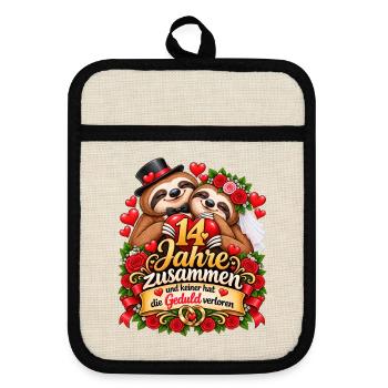 14. Hochzeitstag Geschenkidee Elfenbeinhochzeit - Topflappen mit Gummirückseite - Leinen/Schwarz  - Vorne