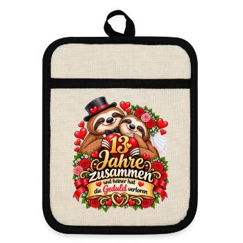 13. Hochzeitstag Geschenkidee Veilchenhochzeit - Topflappen mit Gummirückseite - Leinen/Schwarz  - Vorne