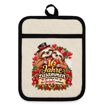 16. Hochzeitstag Geschenkidee Saphirhochzeit - Topflappen mit Gummirückseite - Leinen/Schwarz  - Vorne