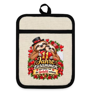 11. Hochzeitstag Geschenkidee Stahlhochzeit - Topflappen mit Gummirückseite - Leinen/Schwarz  - Vorne