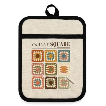 Granny Square Häkelmuster Bunte Wolle - Topflappen mit Gummirückseite - Leinen/Schwarz  - Vorne