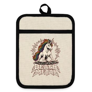 Death Metal Einhorn – Heavy Metal Regenbogen - Topflappen mit Gummirückseite - Leinen/Schwarz  - Vorne