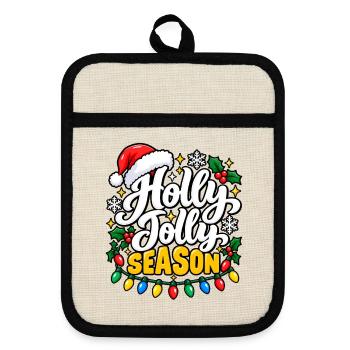 Holly Jolly Season – Weihnachtsdesign - Topflappen mit Gummirückseite - Leinen/Schwarz  - Vorne
