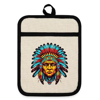Bunter Indianerhäuptling Kopfschmuck - Topflappen mit Gummirückseite - Leinen/Schwarz  - Vorne