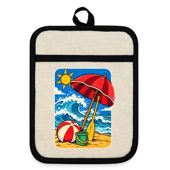 Retro Sunny Beach Day Illustration - Topflappen mit Gummirückseite - Leinen/Schwarz  - Vorne