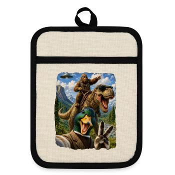 Mallard Duck Selfie Bigfoot T Rex UFO Funny Gifts - Topflappen mit Gummirückseite - Leinen/Schwarz  - Vorne
