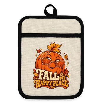 Fall Is My Happy Place – Kürbis T-Shirt  - Topflappen mit Gummirückseite - Leinen/Schwarz  - Vorne