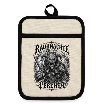 Rauhnächte Perchta Schnitzkunst Glocken Krampus  - Topflappen mit Gummirückseite - Leinen/Schwarz  - Vorne