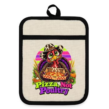 Thanksgiving-Truthahn mit Pizza-Cowboy-Spruch - Topflappen mit Gummirückseite - Leinen/Schwarz  - Vorne