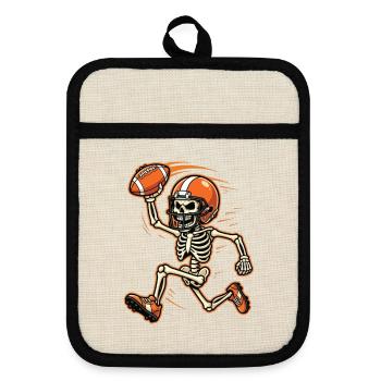 Skeleton-Footballspieler – Fan am Halloween-Spieltag - Topflappen mit Gummirückseite - Leinen/Schwarz  - Vorne