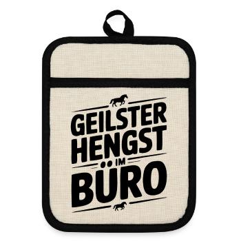 Geiler Hengst im Büro Bürosprüche Mann Lustig Fun - Topflappen mit Gummirückseite - Leinen/Schwarz  - Vorne