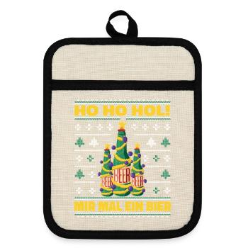 Ho Ho Hol – Weihnachtsbaum aus Bierflaschen - Topflappen mit Gummirückseite - Leinen/Schwarz  - Vorne