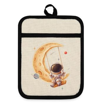 Astronaut schaukelt auf goldenem Halbmond - Topflappen mit Gummirückseite - Leinen/Schwarz  - Vorne