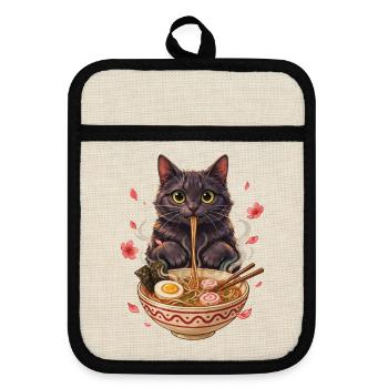 Schwarzer Kater schlürft Ramen Nudeln - Topflappen mit Gummirückseite - Leinen/Schwarz  - Vorne