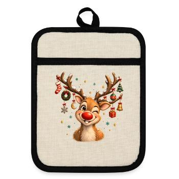 Vintage Christmas Reindeer, Cute Retro Reindeer - Topflappen mit Gummirückseite - Leinen/Schwarz  - Vorne