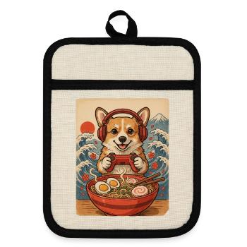 Corgi Gamer mit Controller und Nudelsuppe - Topflappen mit Gummirückseite - Leinen/Schwarz  - Vorne