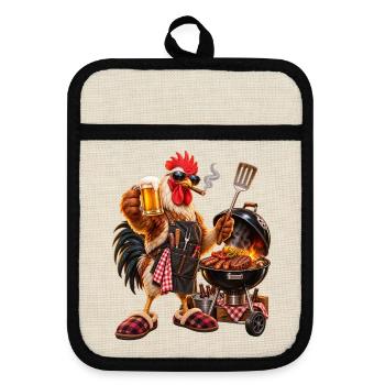 Der König des Grills – Verrückter Hahn mit Hausschuhen - Topflappen mit Gummirückseite - Leinen/Schwarz  - Vorne