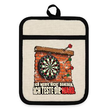 Ich teste die Wand - Darts Spruch Vintage - Topflappen mit Gummirückseite - Leinen/Schwarz  - Vorne