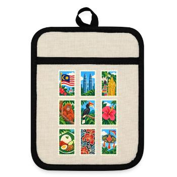 Malaysia Briefmarken - Topflappen mit Gummirückseite - Leinen/Schwarz  - Vorne