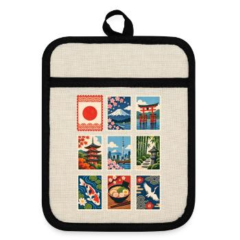 Japan Briefmarken - Topflappen mit Gummirückseite - Leinen/Schwarz  - Vorne