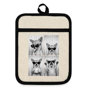Chihuahua, Fotokabine, Fotoautomat, lustiger Hund - Topflappen mit Gummirückseite - Leinen/Schwarz  - Vorne