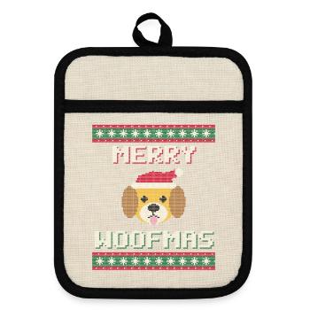 Merry Woofmas - Hund Weihnachtspullover - Topflappen mit Gummirückseite - Leinen/Schwarz  - Vorne