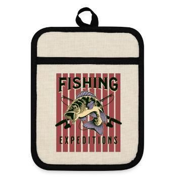 Fishing Expedition – Vintage Hecht für Angler - Topflappen mit Gummirückseite - Leinen/Schwarz  - Vorne