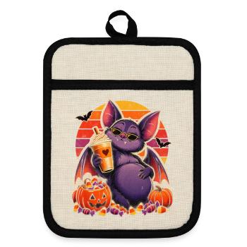 Halloween Fledermaus Mama mit Pumpkin Latte - Topflappen mit Gummirückseite - Leinen/Schwarz  - Vorne