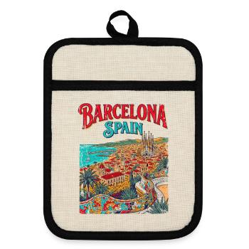 Vintage Barcelona Spain City Travel Art - Topflappen mit Gummirückseite - Leinen/Schwarz  - Vorne