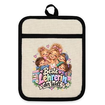 Beste Lehrerin der Welt – Herzchen Stil - Topflappen mit Gummirückseite - Leinen/Schwarz  - Vorne
