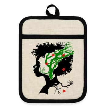 Abstract tree with flowers - Pot holders with rubber back - linen/black  - Front