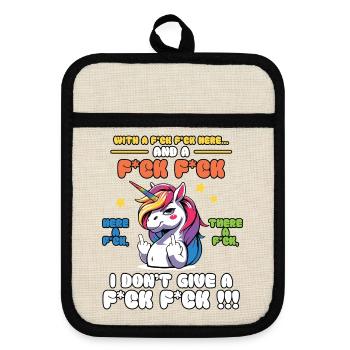 Colorful Unicorn with Cheeky Saying Old Mcdonald - Pot holders with rubber back - linen/black  - Front