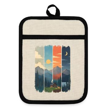 Horizons in four mountain panels - Pot holders with rubber back - linen/black  - Front