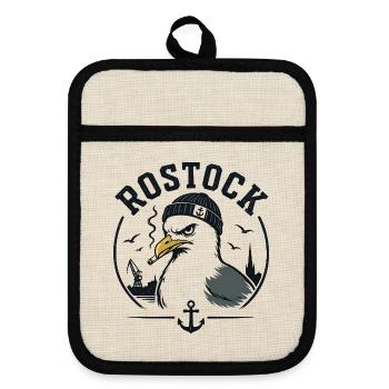 Rostock Möwe mit Pfeife - Topflappen mit Gummirückseite - Leinen/Schwarz  - Vorne