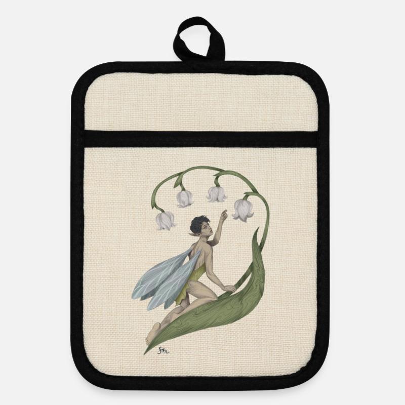 Pixie with lily of the valley - Pot holders with rubber back - linen/black 