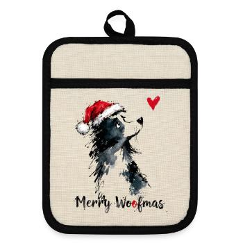 Border Collie Weihnachtsmütze Merry Woofmas Herz - Topflappen mit Gummirückseite - Leinen/Schwarz  - Vorne
