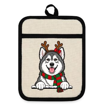 Weihnachten Alaskan Malamute - Topflappen mit Gummirückseite - Leinen/Schwarz  - Vorne